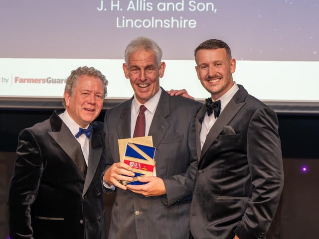 Gary Allis of J H Allis and Son with his award, the sponsor, and presenter John Culshaw.