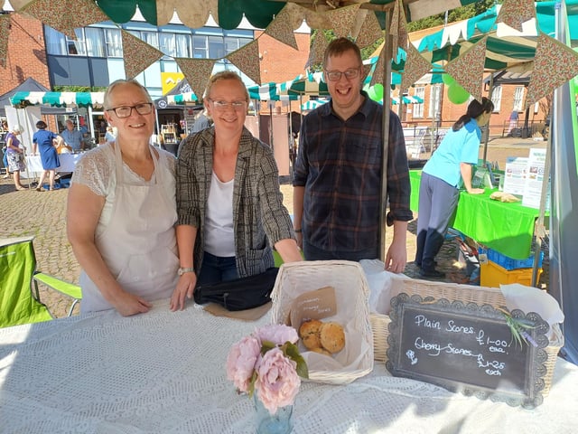 Sharon Morrison, left, sold out of her scones by midday. She is pictured with daughter Emma Cox, who helped on the stall, and event co-organiser Matt Horsefield. Image: Dianne Tuckett