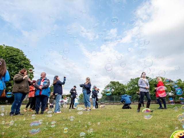 Bubble blowing at the event for Bethany and DJ.
