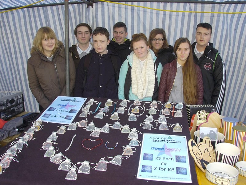 Members of Glass Beauty, a Young Enterprise company set up by pupils from Boston's Haven High Academy, selling handmade bracelets on Boston Market. (Pictured, from left) Kaleigh Earth, 16, Thomas Hall, 15, Connor Kearney, 15, Jake Damms, 15, Rebecca Newton, 16, Hannah Pryor, 16, and Crystal Cook, 16.