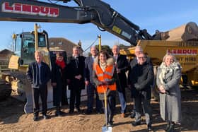 Louth & Horncastle MP Victoria Atkins (centre) cuts the first piece of turf on the new Campus for Future Living.