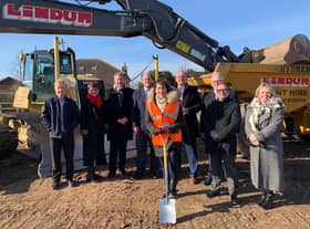 Louth & Horncastle MP Victoria Atkins (centre) cuts the first piece of turf on the new Campus for Future Living.