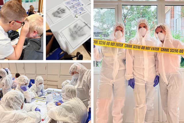 Scenes from the CSI experience, with teaching staff (right) getting into the spirit of the event (from left, Sarah Brocklesby, Lucy Lyon, and Lillie Manning).