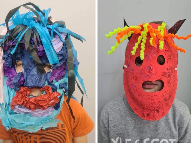 Two of the colourful masks all ready for the upcoming festival.