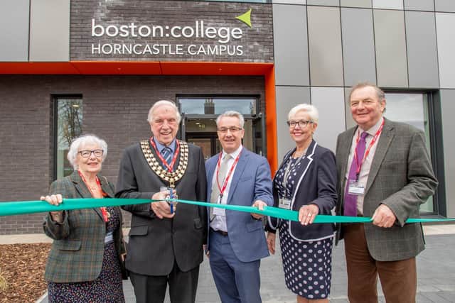 Pictured are Mayoress Priscilla Burbidge, Mayor Brian Burbidge, Simon Telfer Chair LEP (Greater Lincolnshire's Employment and Skills Advisory Panel), and Peter Cropley, Chair of Governors. Photo: John Aron
