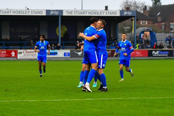 Gainsborough Trinity celebrate netting against Workington. Picture by Bryan Pye Photography.