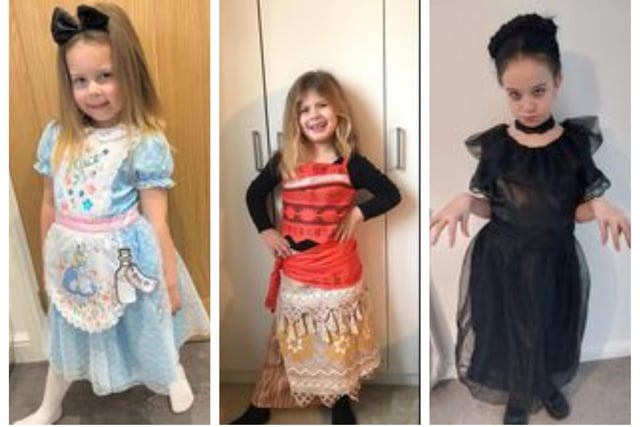 Ava Pemberton, 5, from Ruskington, as Alice in Wonderland; Jorgie-Mae, aged 5, of Billinghay, as Moana; Emily, age 8, from Sleaford, as Wednesday Addams.