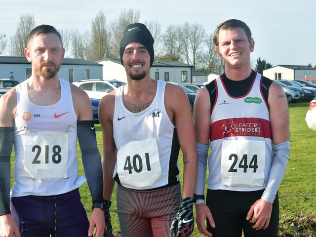 First three runners to finish (from left) Paul Lyons (2nd), Ryan Page (1st) and Alan George (3rd)