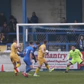 Former Gainsborough boss Dom Roma goes close to scoring for Basford during Saturday's game. Photo: Mick Gretton.