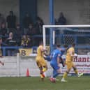 Former Gainsborough boss Dom Roma goes close to scoring for Basford during Saturday's game. Photo: Mick Gretton.