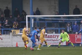 Former Gainsborough boss Dom Roma goes close to scoring for Basford during Saturday's game. Photo: Mick Gretton.