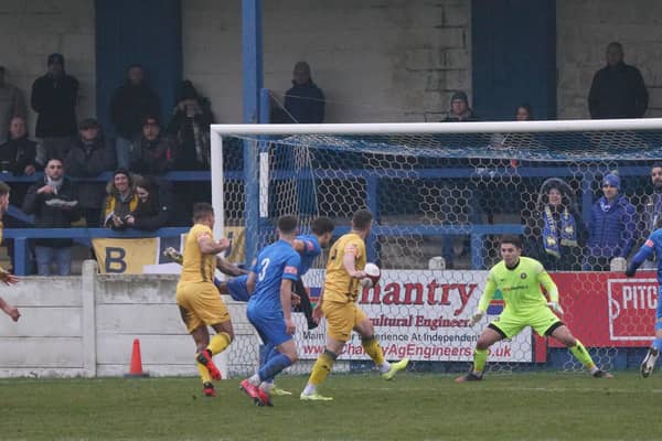 Former Gainsborough boss Dom Roma goes close to scoring for Basford during Saturday's game. Photo: Mick Gretton.