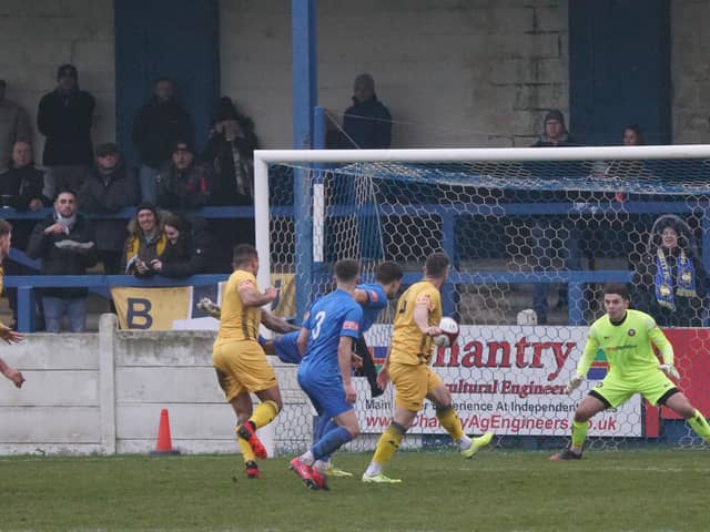 Former Gainsborough boss Dom Roma goes close to scoring for Basford during Saturday's game. Photo: Mick Gretton.