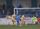 Former Gainsborough boss Dom Roma goes close to scoring for Basford during Saturday's game. Photo: Mick Gretton.