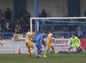 Former Gainsborough boss Dom Roma goes close to scoring for Basford during Saturday's game. Photo: Mick Gretton.