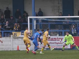 Former Gainsborough boss Dom Roma goes close to scoring for Basford during Saturday's game. Photo: Mick Gretton.