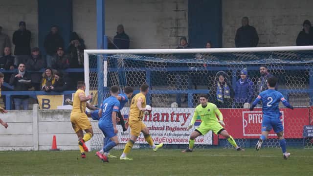 Former Gainsborough boss Dom Roma goes close to scoring for Basford during Saturday's game. Photo: Mick Gretton.