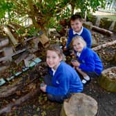 From left - Liana Moliterno Lord, five, Edie Hunt, five, and Jake Henson, eight, with the new Bug Hotel in the garden area at St Botolph's School.