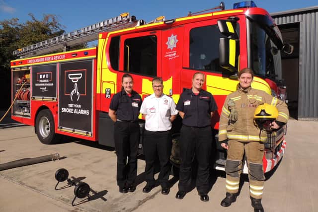 Current female firefighters at the open day. From left - Emily Barrett - based at Crowland, Emma Schofield - based at Billingborough, Michelle Speck - at Corby Glen, and Laurel Ray, from Grantham station.