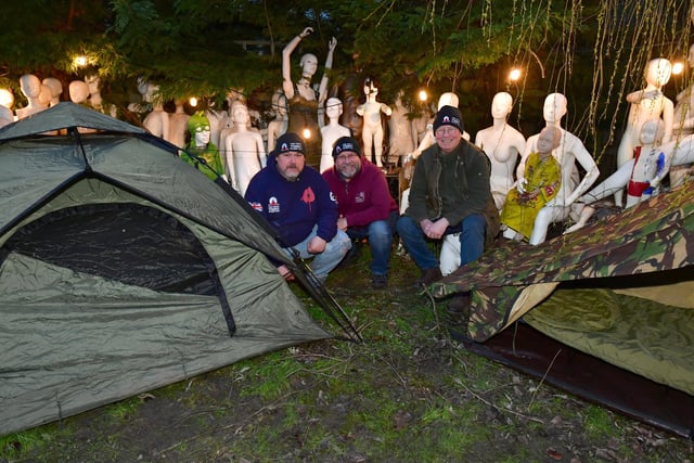 Navy veteran, Jason Roffey of Sleaford, sleeping at the Mannakin Hall yard for a week. L-R Jason Roffey with Eddie Findlay and Richard Dixon-Warren who joined him for a night.
