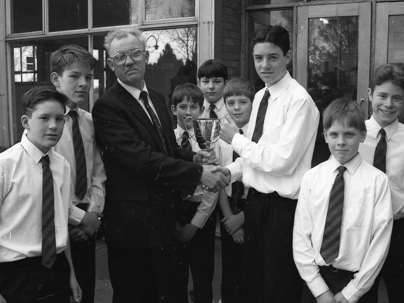 The cross-country team at Stickney's William Lovell School after winning the junior boys competition at the South East Lindsey Championships at Horncastle. It was the first time the trophy had been taken by a school outside Louth.