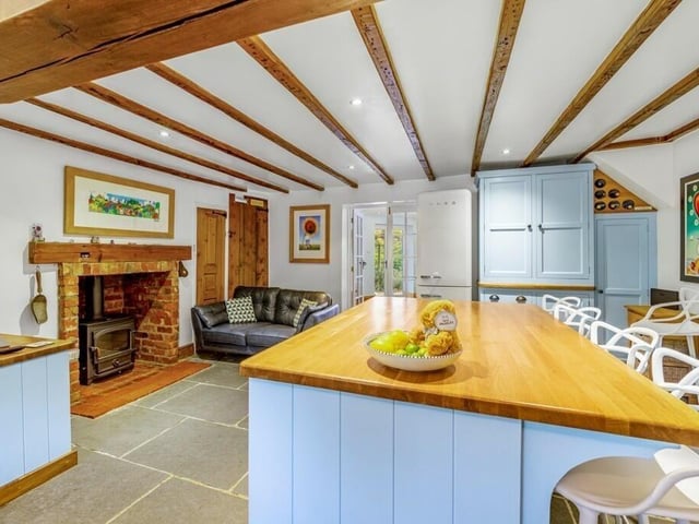 Another angle on the kitchen, including the sofa space.
