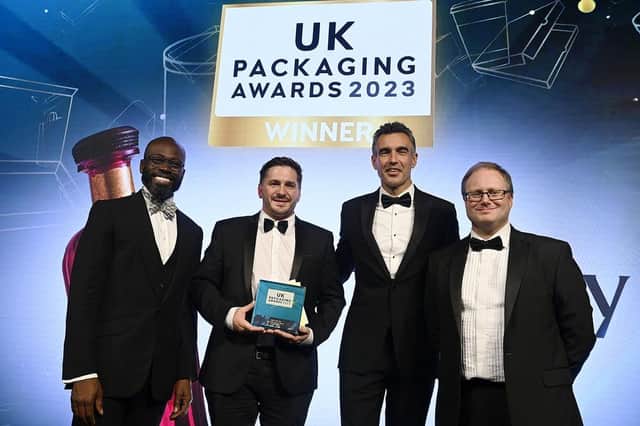 Pictured (from left) TV presenter and actor Ortis Deley (host); David Willis, Amberley Labels Boston Site manager; Mark Ash, Konica Minolta Business Solutions UK (sponsor) and Phil Chadwick, Packaging News editor.