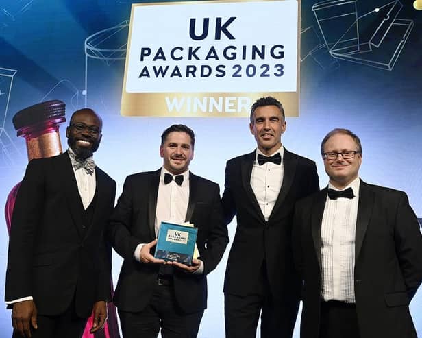 Pictured (from left) TV presenter and actor Ortis Deley (host); David Willis, Amberley Labels Boston Site manager; Mark Ash, Konica Minolta Business Solutions UK (sponsor) and Phil Chadwick, Packaging News editor.