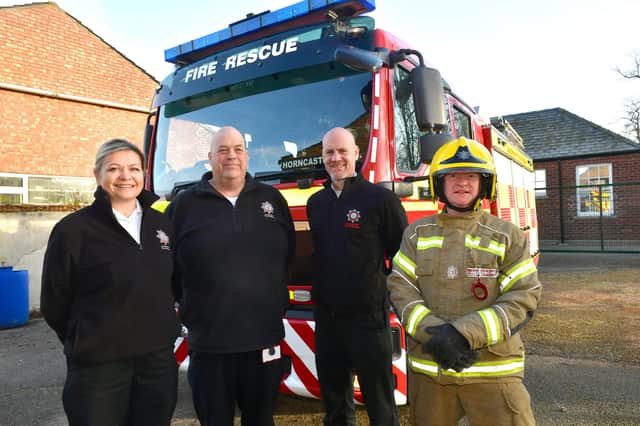 Pictured at Horncastle fire station, watch managers Kyle Campbell, Julia Whitfield and Phil Siddell with firefighter Justin Clayton.