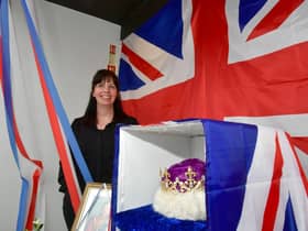 Manager of Clarks, Louth, Rachael Wood, with their patriotic shop window display. Photo: