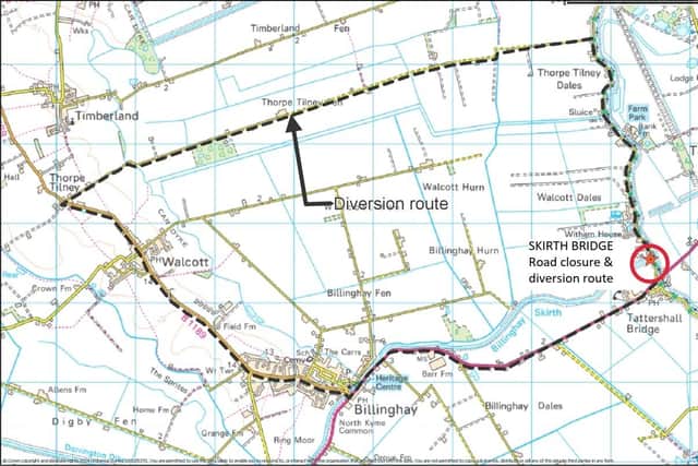 The diversion route via Billinghay, Walcott and Thorpe Tilney. (LCC)