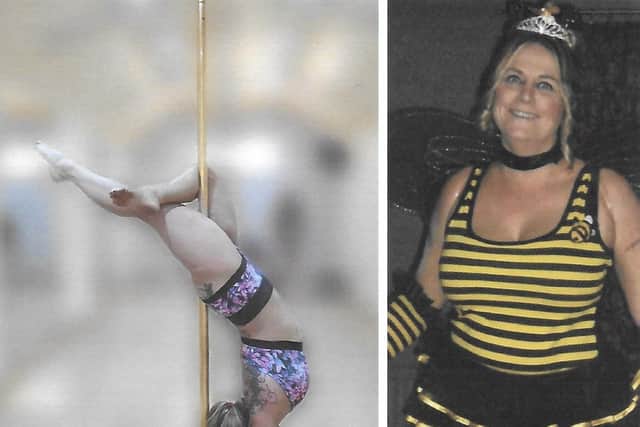 Bernice before (right) her weight loss and now (left) enjoying pole fitness.