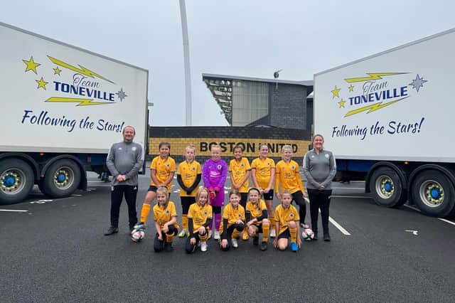 Team Toneville paying a visit to the Boston United Football Club Under 10s girls team at the Jakesmans Community Stadium.