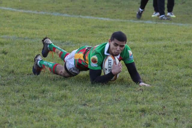 George Lee Erasmus goes over for one of his tries. Photo: MRLRFC