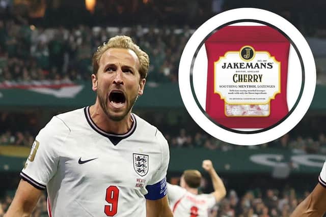 Harry Kane celebrating during England's match against Mexico and, inset, one of the Jakesmans products available on the market. MAIN PICTURE: Getty Images, INSET: Jakemans.