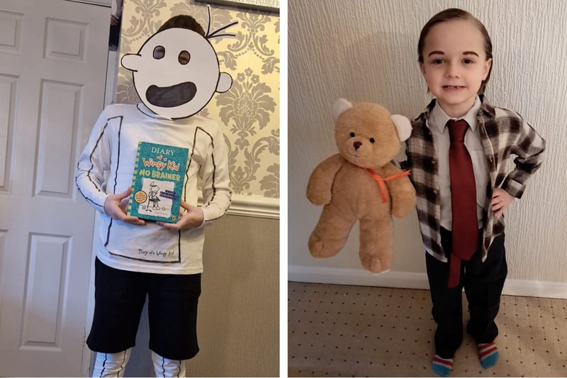Alfie Williams, nine, as the Diary of A Wimpy Kid illustration, and Logan Newby, six, as Mr. Bean.