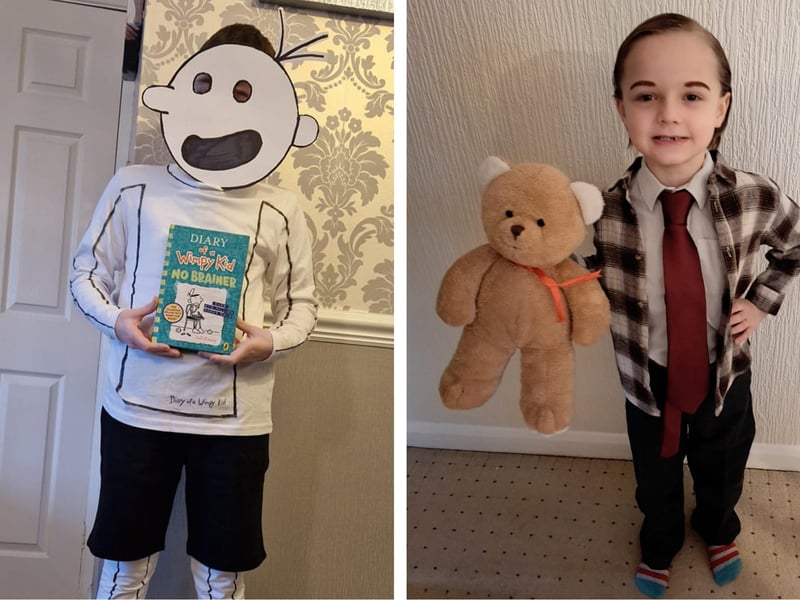 Alfie Williams, nine, as the Diary of A Wimpy Kid illustration, and Logan Newby, six, as Mr. Bean.