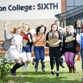 Jumping for joy - Boston College students celebrate getting their results outside the new sixth form block.