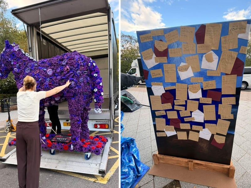 Left: Hetty the war horse being unloaded in Skegness. Right: The reverse of the 'Beyond the Shore' sculpture, showing the hand-written letters.