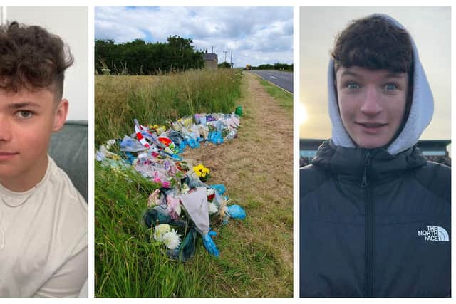 Floral tributes to Will Ray (left) and Eddie Shore (right) have been laid near the scene of the crash on the A17 at North Rauceby on Thursday evening.