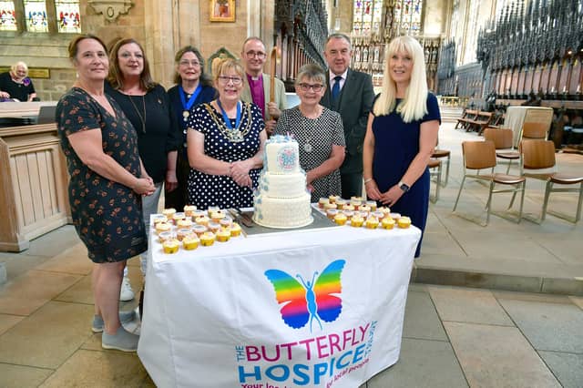 At the Decade of care celebration at Boston Stump. L-R Nicki Effield - vice chair of trustees, Debs Oldham - chair of board of trustees, Alison Fairman - patron, Helen Staples - Mayor of Boston, Jenny Oglesby - deputy mayor, Coun David Scoot, Bridget Macpherson - chief executive.