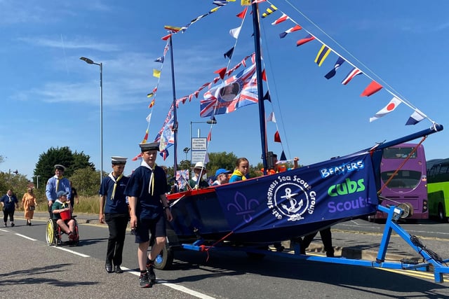 All aboard for fun - members of the 6th Skegness Sea Scout Group with their float.
