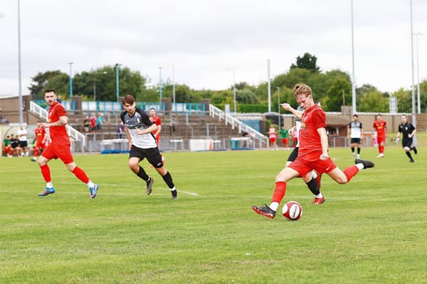 Action from Sleaford's game at Grantham Town last weekend. Photo: Steve W Davies Photography.