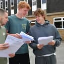 Getting their A level grades at Carres Grammar School. L-R Gianluca Meier 18, Toby Williams 18, George Lamb 18.
