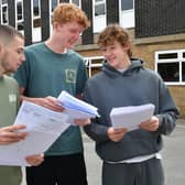 Getting their A level grades at Carres Grammar School. L-R Gianluca Meier 18, Toby Williams 18, George Lamb 18.