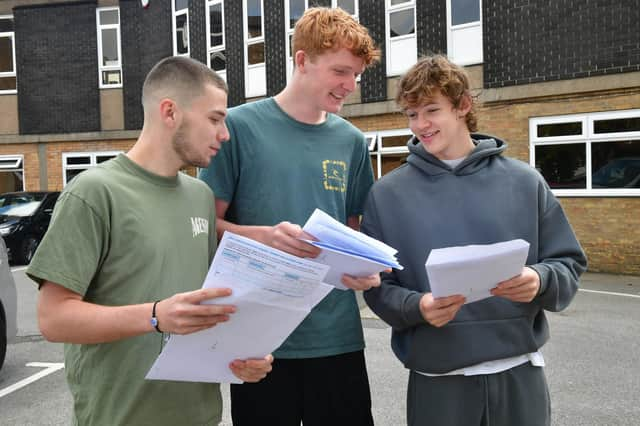 Getting their A level grades at Carres Grammar School. L-R Gianluca Meier 18, Toby Williams 18, George Lamb 18.