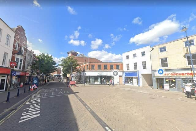 A Google streetview of the Strait Bargate/Wide Bargate area, showing Age UK and Cash Converters, and the shops with bollards placed in front of them to the left.