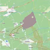 The proposed layout of the Beacon Fen energy park east of Ewerby and north of Heckington, with access and cable route corridors.