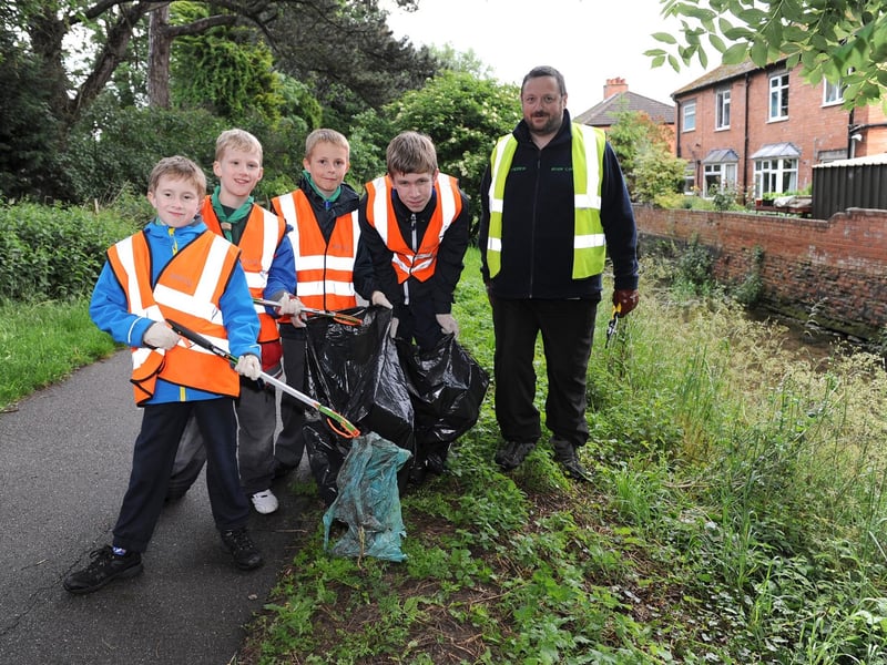 Kingfisher Cubs of Sleaford taking part in a litter pick along the River Slea. Pictured (from left) are Paul Raddlesdin, 10, Luke Saunders, nine, Kieran Crawford, nine, Tommy Saunders, 13, a scout, and Andrew Greenwood, organiser of the River Slea Clean-up Group.