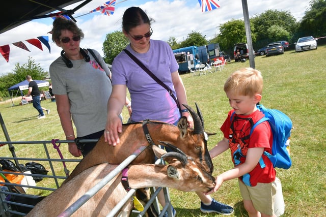James Johnson 5 of Heckington, feeding goats from Walkabout Goats, Fulbeck, watched by his Grandma, Catharine Johnson and Aunt, Paula Johnson